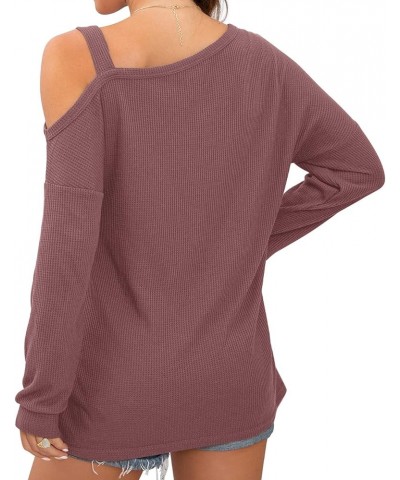 Womens Cold Shoulder Tops Long Sleeve Shirts Blouse Waffle Knit Tunic Casual Tops Loose Fit 03 Rust Red $11.34 Tops