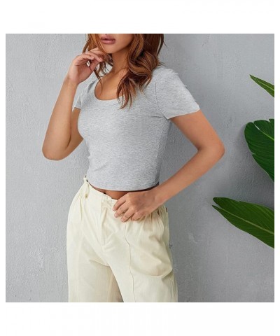 Women Square Neck Crop Top Tee Shirt Ribbed Knit Short Sleeve Workout Yogo Cropped T-Shirt Short Sleeve-grey $10.12 T-Shirts