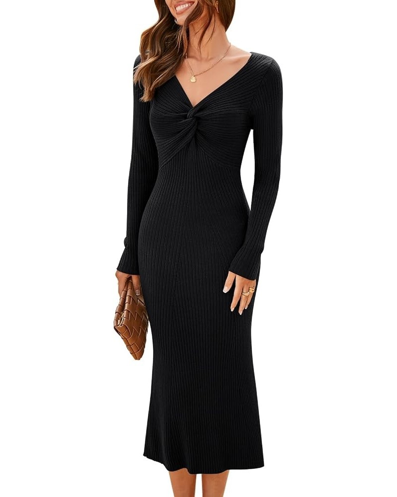 Womens 2024 Sweater Dress Trendy Casual Long Sleeve V Neck Twist Front Slim Fit Ribbed Knit Bodycon Midi Dress 01 Black $21.6...