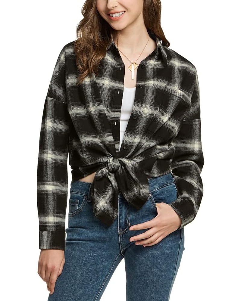 Women's Plaid Flannel Shirt Long Sleeve, All-Cotton Soft Brushed Casual Button Down Shirts Loose Fit Black Ombre $17.49 Blouses