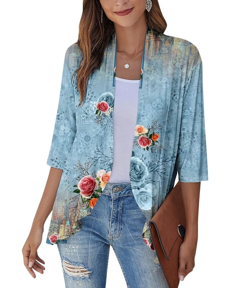 Long Sleeve Kimono for Women Lightweight 3/4 Sleeve Cardigans Retro Print Jackets Casual Duster Blouse Tops Coat 8-cyan $8.36...