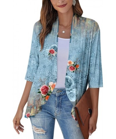 Long Sleeve Kimono for Women Lightweight 3/4 Sleeve Cardigans Retro Print Jackets Casual Duster Blouse Tops Coat 8-cyan $8.36...