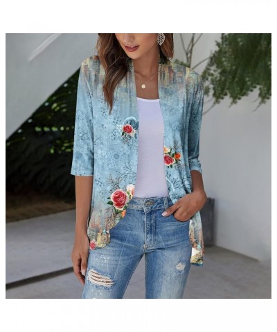 Long Sleeve Kimono for Women Lightweight 3/4 Sleeve Cardigans Retro Print Jackets Casual Duster Blouse Tops Coat 8-cyan $8.36...