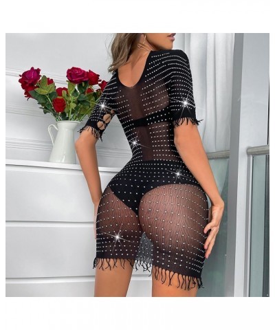 Womens Fishnet Bodycon Dress Mock Neck Long Sleeve Hollow Out Backless Mini Dress Nightwear Black E $7.76 Dresses