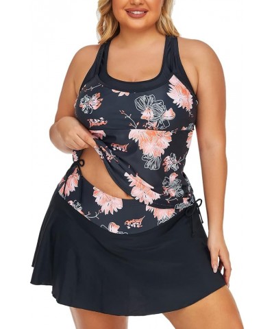 Women Plus Size Two-Piece Athletic Tankini Swimsuit Flared Swimdress Bathing Suits with Skirt Orange Hibiscus $18.92 Swimsuits