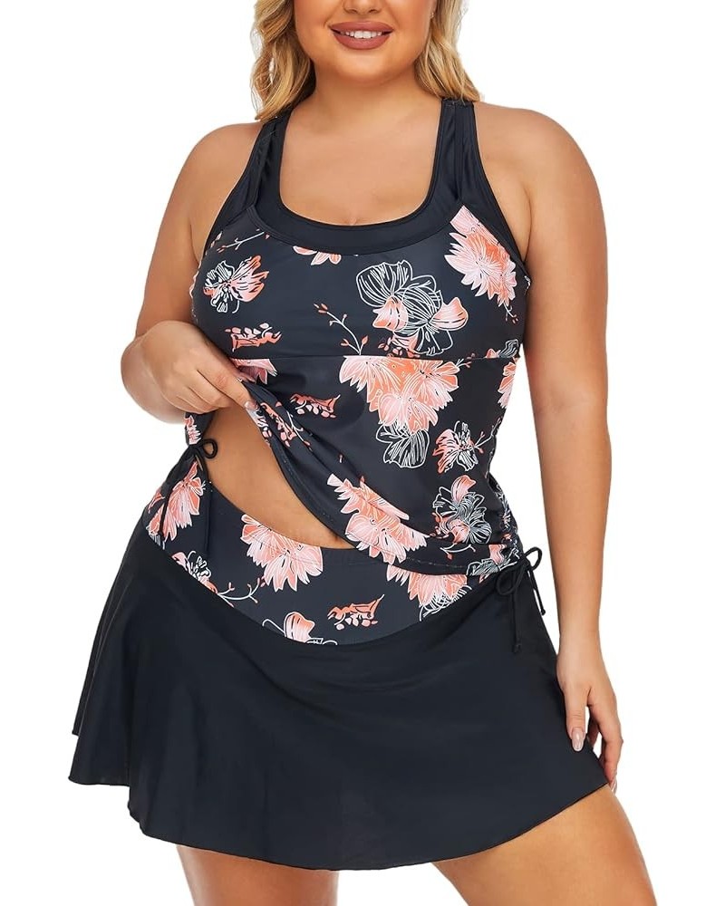 Women Plus Size Two-Piece Athletic Tankini Swimsuit Flared Swimdress Bathing Suits with Skirt Orange Hibiscus $18.92 Swimsuits