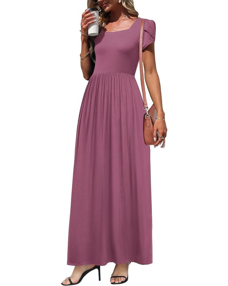 Women Petal Sleeve Square Neck Casual Long Maxi Dresses with Pockets Mauve $22.67 Dresses