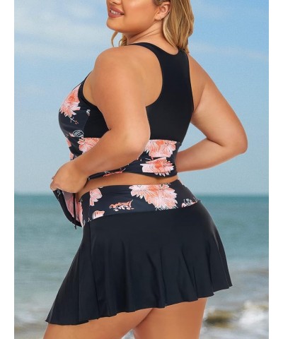 Women Plus Size Two-Piece Athletic Tankini Swimsuit Flared Swimdress Bathing Suits with Skirt Orange Hibiscus $18.92 Swimsuits