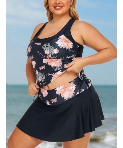 Women Plus Size Two-Piece Athletic Tankini Swimsuit Flared Swimdress Bathing Suits with Skirt Orange Hibiscus $18.92 Swimsuits