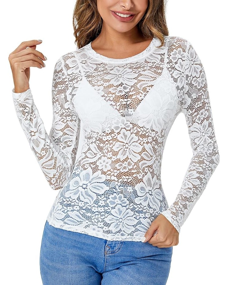 Women's Floral Embroidery Mesh Lace Round Neck Long Sleeve Top Sheer White $11.39 Blouses