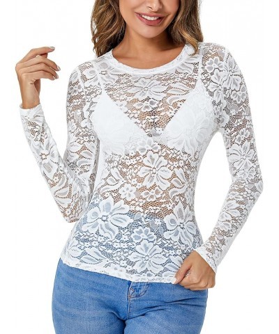 Women's Floral Embroidery Mesh Lace Round Neck Long Sleeve Top Sheer White $11.39 Blouses