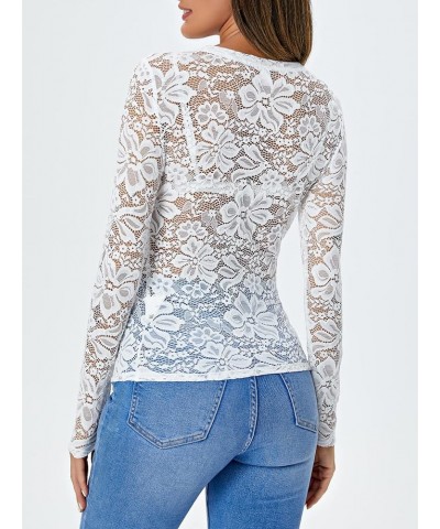 Women's Floral Embroidery Mesh Lace Round Neck Long Sleeve Top Sheer White $11.39 Blouses