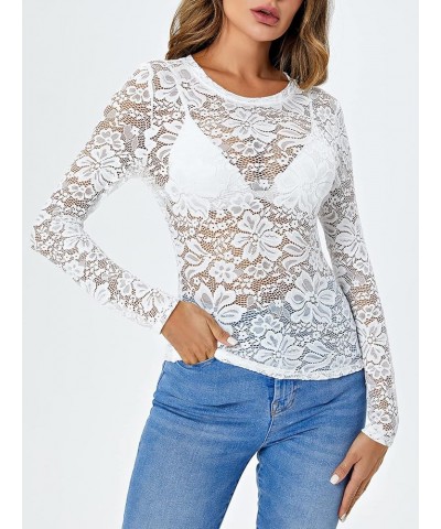 Women's Floral Embroidery Mesh Lace Round Neck Long Sleeve Top Sheer White $11.39 Blouses