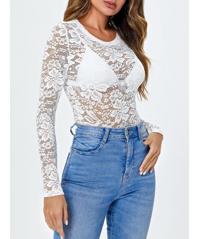 Women's Floral Embroidery Mesh Lace Round Neck Long Sleeve Top Sheer White $11.39 Blouses