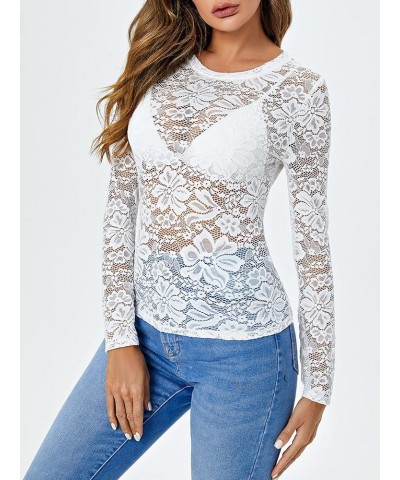 Women's Floral Embroidery Mesh Lace Round Neck Long Sleeve Top Sheer White $11.39 Blouses