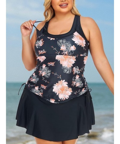 Women Plus Size Two-Piece Athletic Tankini Swimsuit Flared Swimdress Bathing Suits with Skirt Orange Hibiscus $18.92 Swimsuits