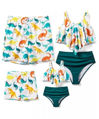 Family Matching Swimsuits Two Pieces Tankini Set Dinosaur Print Ruffles Bikini Mommy and Me Bathing Suits Boy White $9.84 Swi...