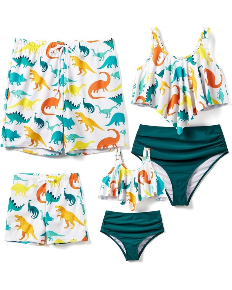 Family Matching Swimsuits Two Pieces Tankini Set Dinosaur Print Ruffles Bikini Mommy and Me Bathing Suits Boy White $9.84 Swi...