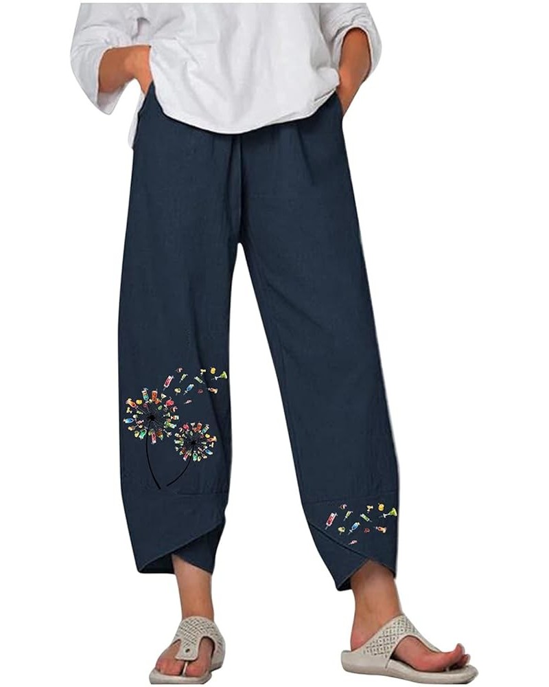 Cotton Linen Casual Summer Capri Pants Printed Cropped Comfy Baggy Trousers with Pockets Palazzo Lounge Pants A29 Dark Blue $...