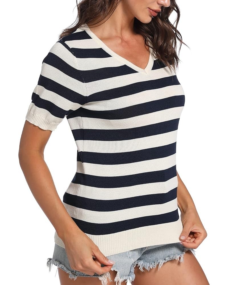 Womens Short Sleeve Knit Sweater Tops Casual Pullover Breathable V Neck Summer Striped T Shirts Beige $12.24 Sweaters