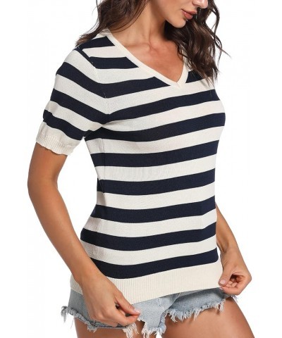 Womens Short Sleeve Knit Sweater Tops Casual Pullover Breathable V Neck Summer Striped T Shirts Beige $12.24 Sweaters