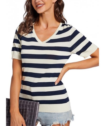 Womens Short Sleeve Knit Sweater Tops Casual Pullover Breathable V Neck Summer Striped T Shirts Beige $12.24 Sweaters