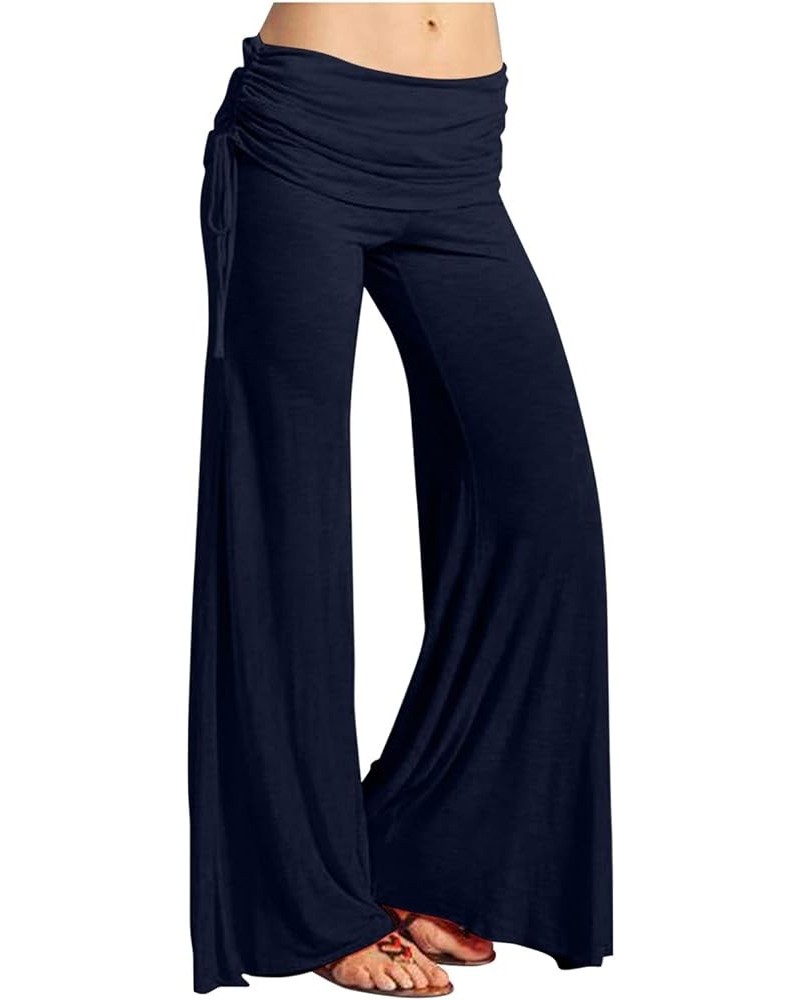 Women's Summer Vintage Print Wide Leg Pants Casual Flared Drawstring Trousers Elastic High Waist Palazzo Pants 6-navy $10.19 ...