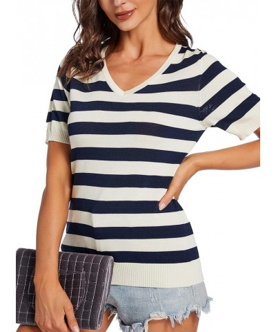 Womens Short Sleeve Knit Sweater Tops Casual Pullover Breathable V Neck Summer Striped T Shirts Beige $12.24 Sweaters