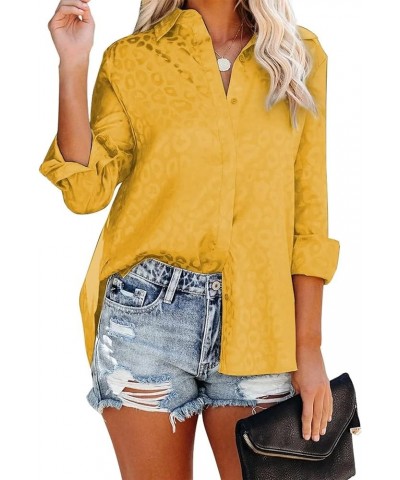 Womens V Neck Satin Embossed Roll up Sleeve Button Down Blouses Top Zc Yellow $16.31 Blouses