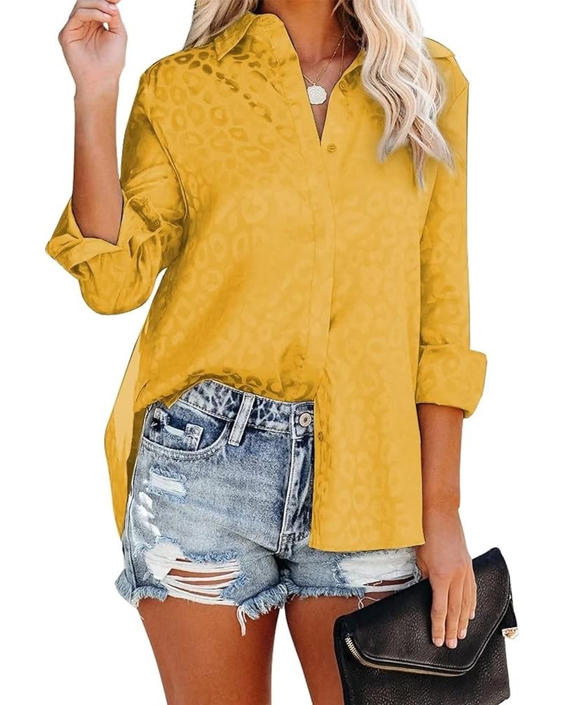 Womens V Neck Satin Embossed Roll up Sleeve Button Down Blouses Top Zc Yellow $16.31 Blouses