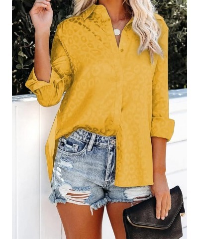 Womens V Neck Satin Embossed Roll up Sleeve Button Down Blouses Top Zc Yellow $16.31 Blouses