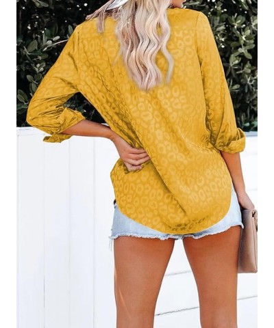 Womens V Neck Satin Embossed Roll up Sleeve Button Down Blouses Top Zc Yellow $16.31 Blouses