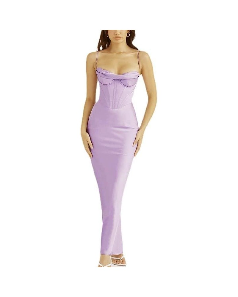 Women Sexy Satin Corset Bodycon Maxi Dress Silky Spaghetti Strap Push Up Fishbone Ruched Evening Party Long Dresses Light Pur...