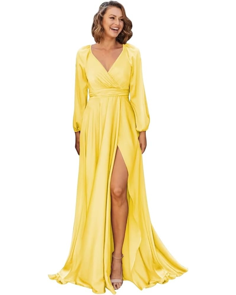 Long Sleeve Bridesmaid Dresses for Wedding with Slit V Neck Chiffon Formal Party Dress Evening Gown Yellow $31.20 Dresses