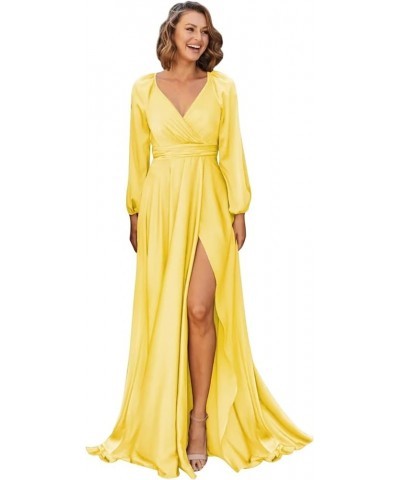 Long Sleeve Bridesmaid Dresses for Wedding with Slit V Neck Chiffon Formal Party Dress Evening Gown Yellow $31.20 Dresses