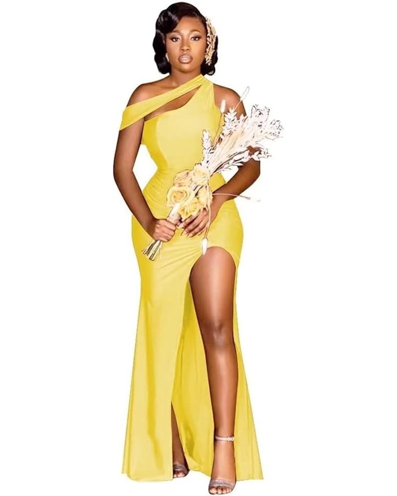 Satin Bridesmaid Dresses for Women Long Mermaid Formal Dresses Ruched One Shoulder Prom Gowns with Slit MN266 Yellow $29.00 D...