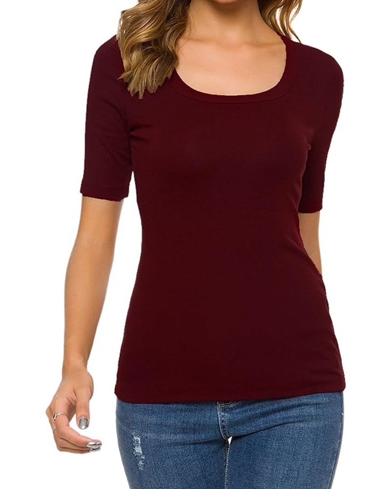 Womens Square U Neck Short Sleeve Basic Tee Tops Fitted Cotton T-Shirts for Summer Winter Layer 39962 Burgundy $11.59 T-Shirts