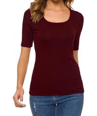 Womens Square U Neck Short Sleeve Basic Tee Tops Fitted Cotton T-Shirts for Summer Winter Layer 39962 Burgundy $11.59 T-Shirts