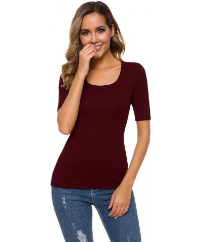 Womens Square U Neck Short Sleeve Basic Tee Tops Fitted Cotton T-Shirts for Summer Winter Layer 39962 Burgundy $11.59 T-Shirts