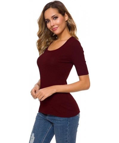 Womens Square U Neck Short Sleeve Basic Tee Tops Fitted Cotton T-Shirts for Summer Winter Layer 39962 Burgundy $11.59 T-Shirts