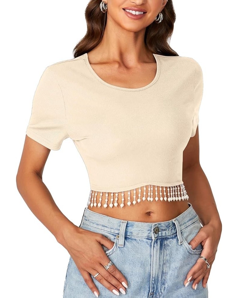 Women's Round Neck Short Sleeve Tassel Trim Hem Rib Crop Top Blouse Beige $11.44 Blouses