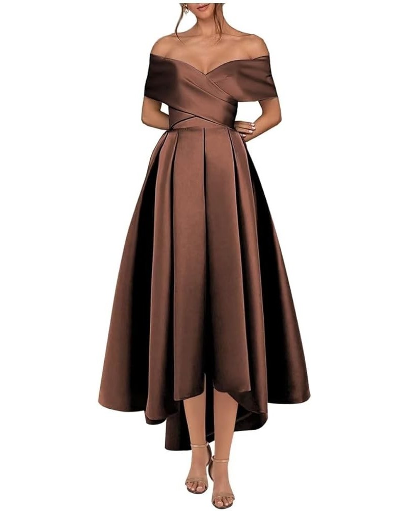 V Neck Satin Bridesmaid Dresses Hi Lo Evening Formal Party Dresses with Pockets BD357 Chocolate-2 $35.19 Others