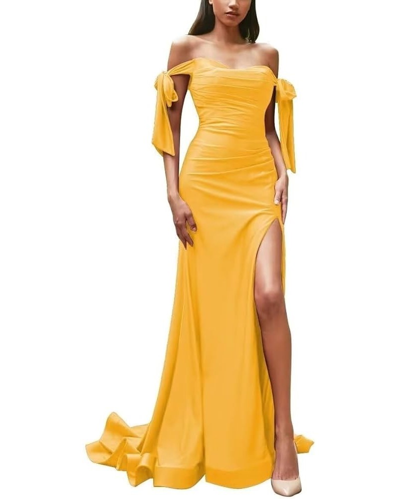 Off Shoulder Bridesmaid Dresses 2024 Satin Mermaid Prom Dress with Slit Ruched Long Formal Gowns Mustard Yellow $40.32 Dresses