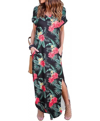 Women's V Neck Casual Loose Long Dress Short Sleeve Split Maxi Summer Beach Dress with Pockets Red Flower $17.86 Dresses