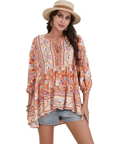 Women Boho V-neck 3/4 Sleeves Tunic Top Relaxed Fit Casual Print Blouse Papaya Orange $17.84 Blouses