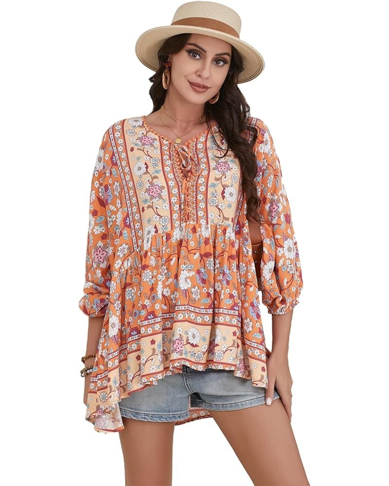 Women Boho V-neck 3/4 Sleeves Tunic Top Relaxed Fit Casual Print Blouse Papaya Orange $17.84 Blouses