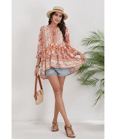 Women Boho V-neck 3/4 Sleeves Tunic Top Relaxed Fit Casual Print Blouse Papaya Orange $17.84 Blouses