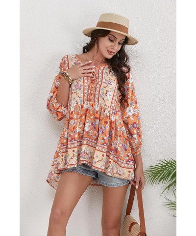 Women Boho V-neck 3/4 Sleeves Tunic Top Relaxed Fit Casual Print Blouse Papaya Orange $17.84 Blouses