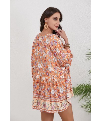 Women Boho V-neck 3/4 Sleeves Tunic Top Relaxed Fit Casual Print Blouse Papaya Orange $17.84 Blouses