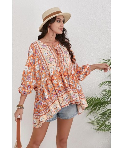 Women Boho V-neck 3/4 Sleeves Tunic Top Relaxed Fit Casual Print Blouse Papaya Orange $17.84 Blouses